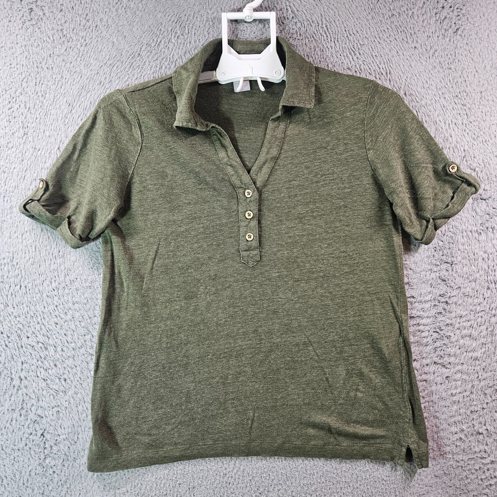 Chico's Polo Shirt Top Women‎ Size 0 Small 100% Linen Short Sleeve Green